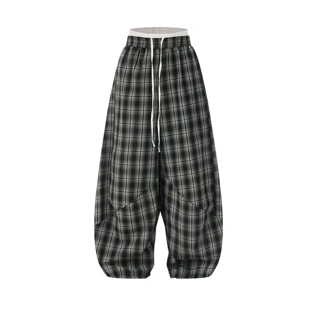 欧路得 美式复古格子弯刀宽松阔腿裤双腰头设计百搭长裤休闲裤 男款