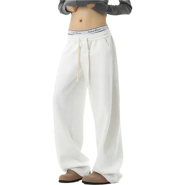 明线拼接设计大码垂感卫裤布客行 美式复古高街港风简约纯色基础款宽松直筒弯刀系带松紧腰显瘦保暖通勤百搭长裤子阔腿休闲裤 男女同款