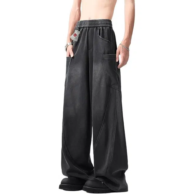 北极绒 解构水洗卫裤男小众高街弯刀裤秋潮牌直筒垂感显瘦水洗小众高街纯色中腰长裤休闲裤 男款