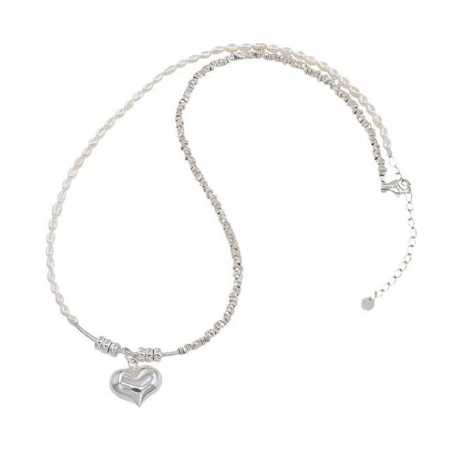 艾卡拉 法式搭配链碎银子爱心珍珠时尚个性轻奢高级感拼接锁骨链设计 银 项链 男女同款情侣款