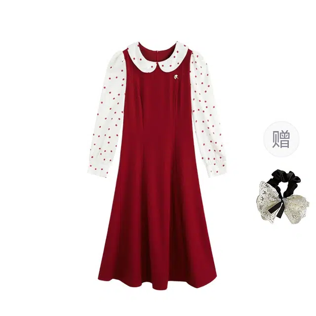 涂诗菲 小众娃娃领波点收腰显瘦高级假两件法式千金长裙长袖连衣裙 女款