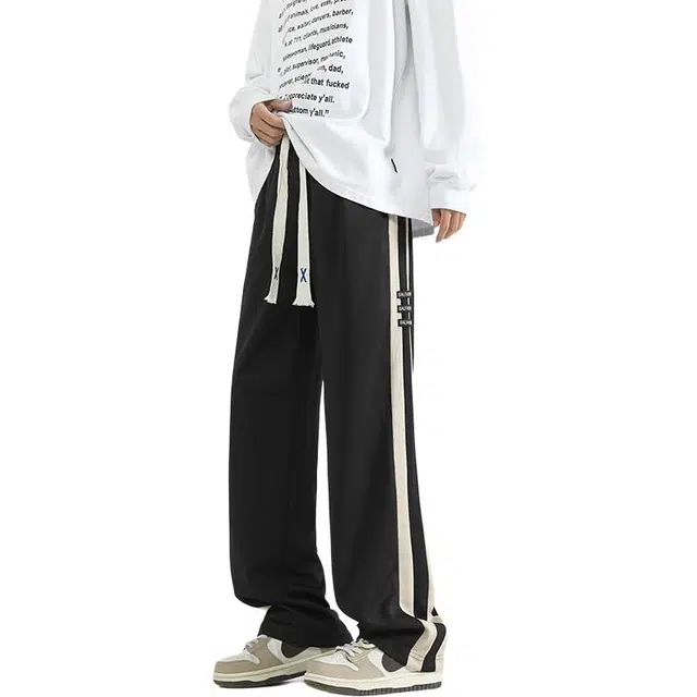 协协乐 美式条纹拼接设计感春秋季宽松潮牌直筒阔腿拖地裤青少年百搭运动长裤休闲裤 男款