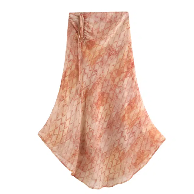 花栗鼠小姐  落日橘海 早秋氛围感法式优雅浪漫晕染橘调印花格高腰捏褶设计感减龄垂感度假通勤百搭休闲长裙 女款