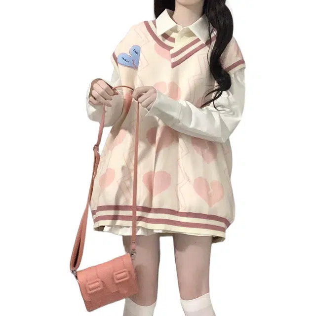 木清清 三件奶甜可爱少女爱心撞色针织毛衣马甲背心女+白衬衫百褶裙裙装套装 女款