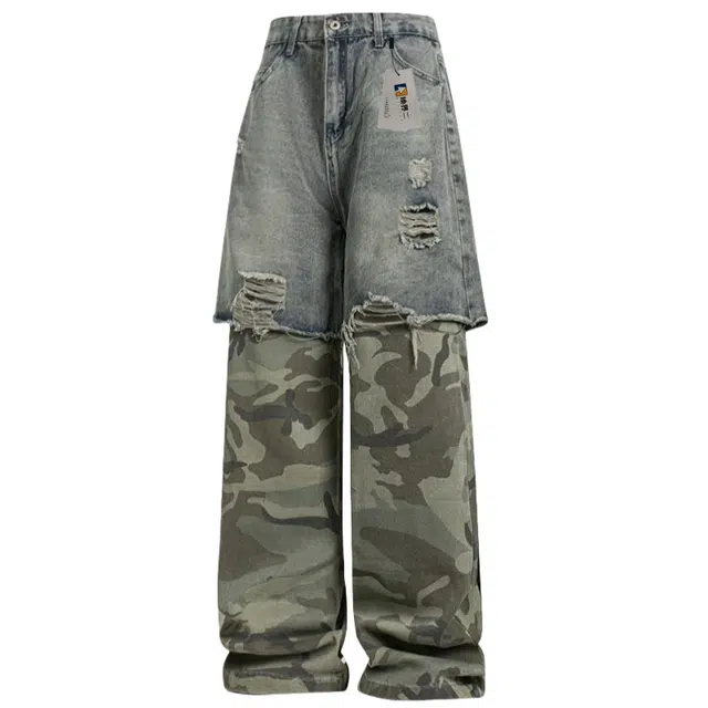 地界二 美式破坏拼接迷彩假两件复古街头破洞水洗宽松直筒长裤牛仔裤 男款