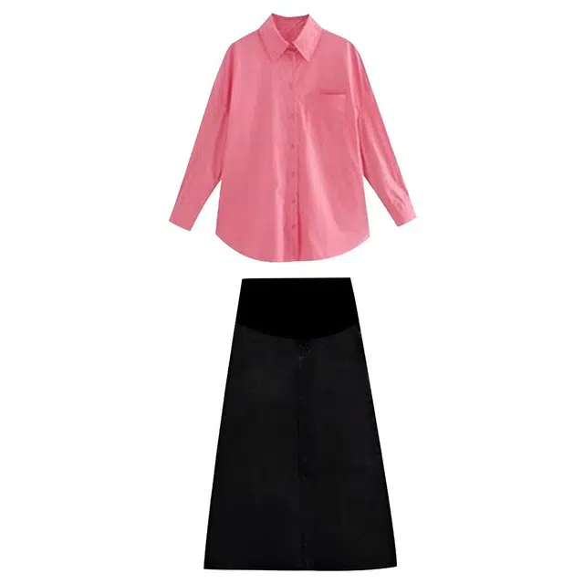 柏黛妃 韩版纯色翻领长袖衬衫半身裙裙装套装 女款