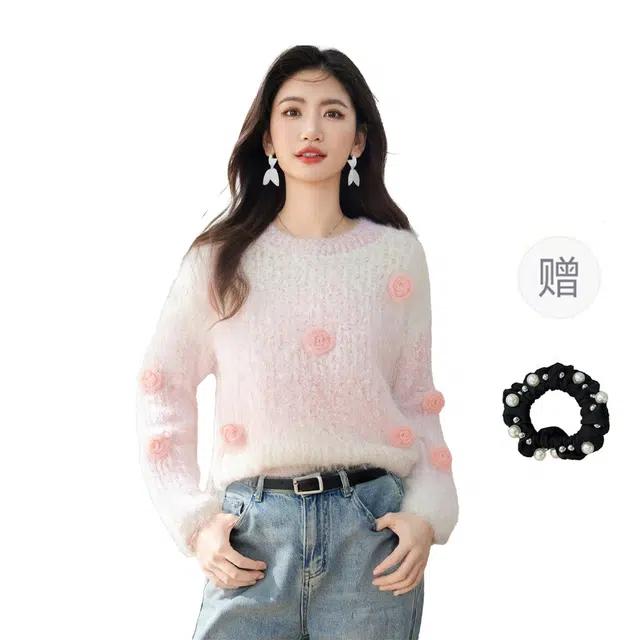 雾闪闪 韩系慵懒风气质秋冬穿搭女设计感立体花朵针织衫 女款