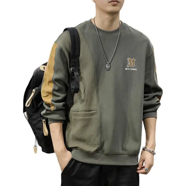 前进牛 美式休闲经典复古潮牌高街痞帅长袖小众设计感拼接圆领刺绣字母卫衣男秋季潮牌宽松大码休闲上衣外套男卫衣 男女同款