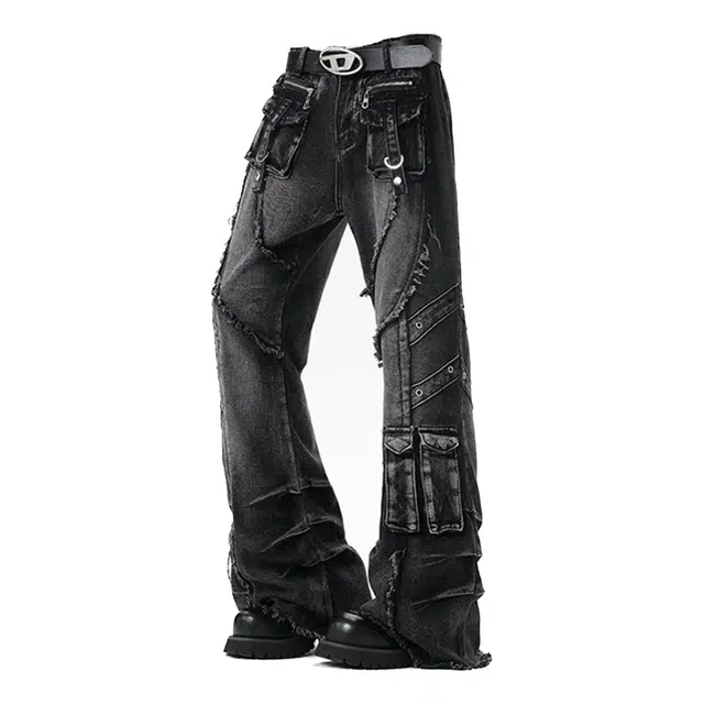 艾梵斯贝 美式复古潮流个性解构拼接水洗褶皱重工小众设计款无性别潮酷高街风日常休闲百搭宽松直筒牛仔裤 男女同款