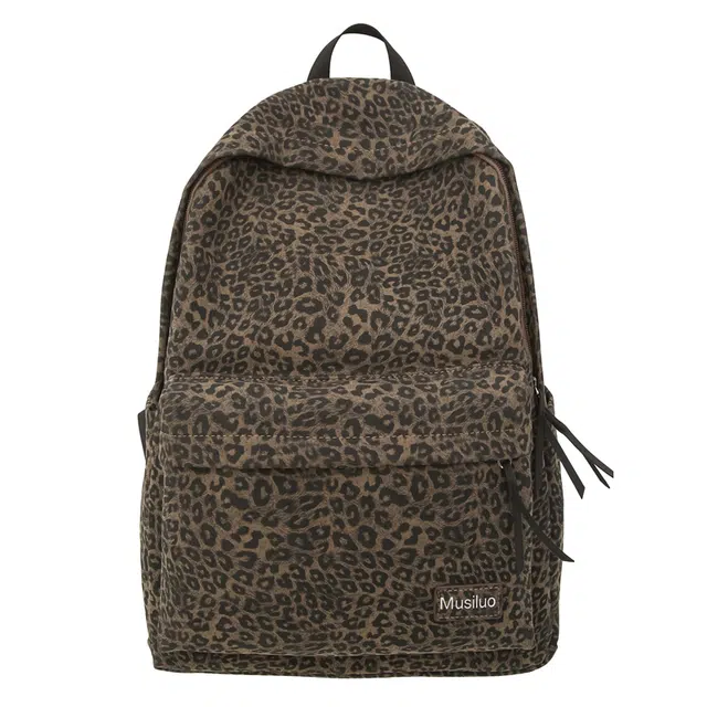 南潇湘 开学书包美式豹纹高颜值大容量精美小众设计女高中生大学生美式背包 绒布 双肩包 大号 男女同款情侣款 棕色/蓝色/黑色