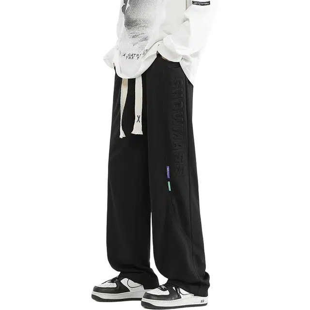 协协乐 阔腿卫裤时尚字母拼接设计感春秋季美式潮牌宽松直筒青少年百搭运动长裤休闲裤 男款