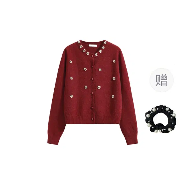 雾闪闪 重工钉珠小香风圆领开衫女秋冬软糯外套上衣针织衫 女款