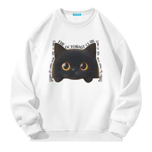 海底小纵队  美式高街可爱黑猫字母印花手绘日常保暖国潮复古加绒加厚宽松舒适百搭潮流休闲学院风纯色重磅落肩打底长袖圆领卫衣 男女同款