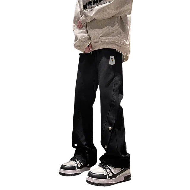 地界二 美式潮牌高街男春秋季宽松直筒小众设计感排扣工装长裤子宽松直筒小众设计感潮流中低腰长裤牛仔裤 男款