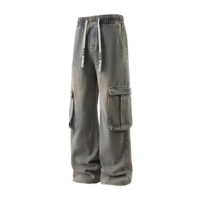 半空山 美式复古高街水洗做旧废土风工装大口袋松紧腰设计宽松百搭柔软舒适直筒牛仔裤 男女同款