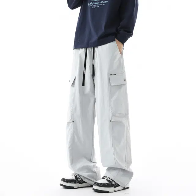 敦煌博物馆 美式高街大码纯色简约基础弯刀直筒阔腿拖地慵懒多口袋工装长裤中腰松紧腰绳百搭运动通勤休闲裤 男女同款