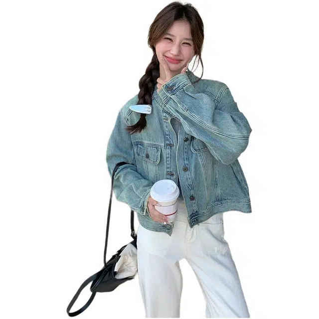 邓大喵 女春秋韩系简约经典美式百搭小个子夹克上衣牛仔外套 女款