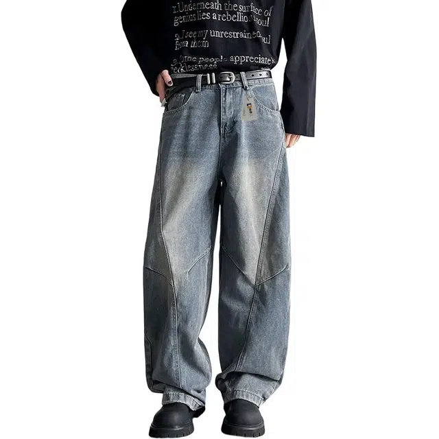 地界二 时尚复古弯刀男潮牌街头宽松水洗直筒阔腿裤子宽松水洗直筒潮流中低腰长裤牛仔裤 男款