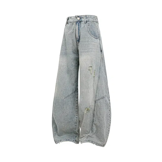 哲源 美式复古高街简约长裤水洗做旧手工磨破纽扣设计感休闲裤潮牌百搭宽松舒适慵懒垂感拖地直筒牛仔裤 男女同款