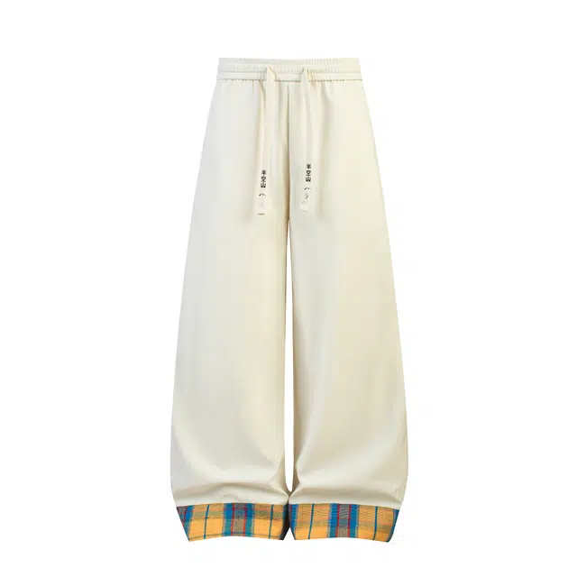 半空山 美式复古高街纯色基础款格子拼接设计柔软舒适亲肤透气宽松百搭拖地直筒休闲裤 男女同款