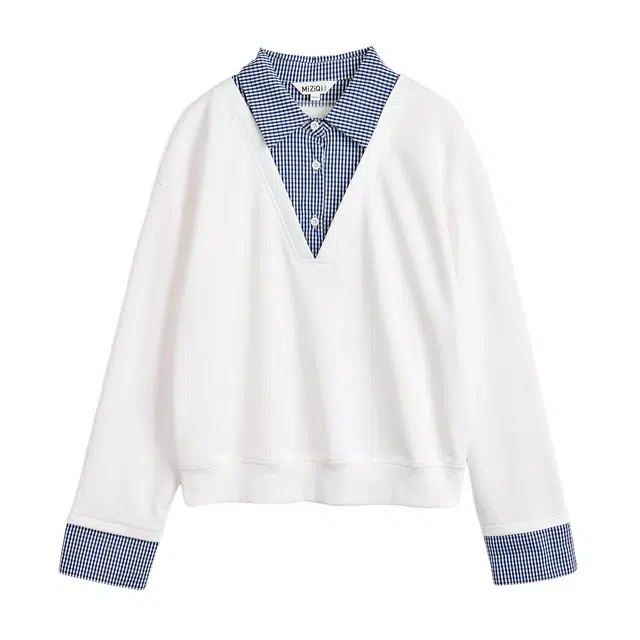 米子旗 拼接翻领宽松条纹常规长袖通勤套头卫衣 女款