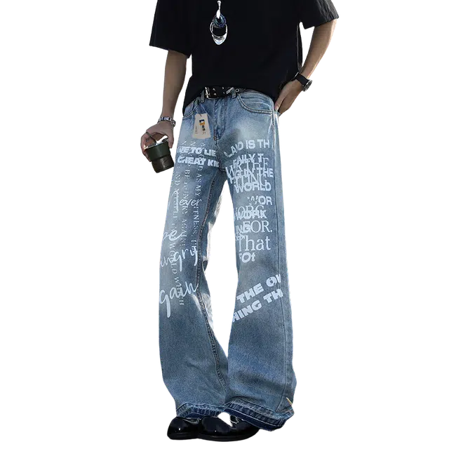 地界二 美式复古字母印花男小众潮牌痞帅宽松直筒裤子时尚百搭复古字母印花小众宽松潮流中低腰长裤牛仔裤 男款