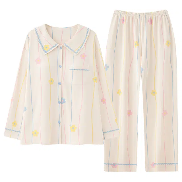 俏佳人 纯棉带胸垫开衫翻领小清新休闲宽松透气亲肤可外穿长袖长裤家居服睡衣套装 女款