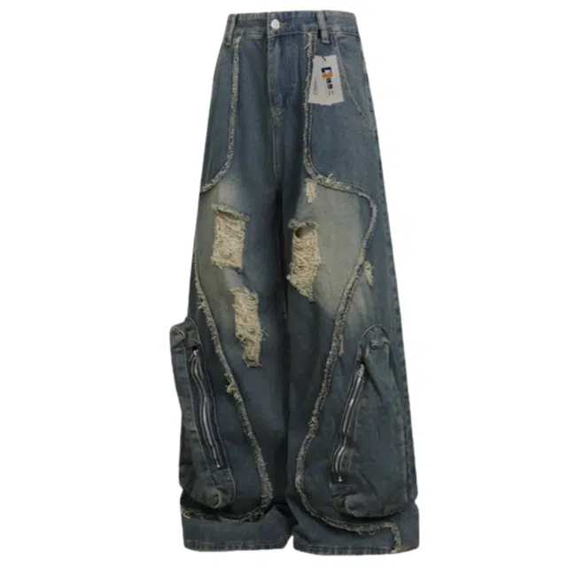 地界二 美式复古破洞夏季重工解构设计工装裤直筒阔腿裤潮牛仔裤 男款