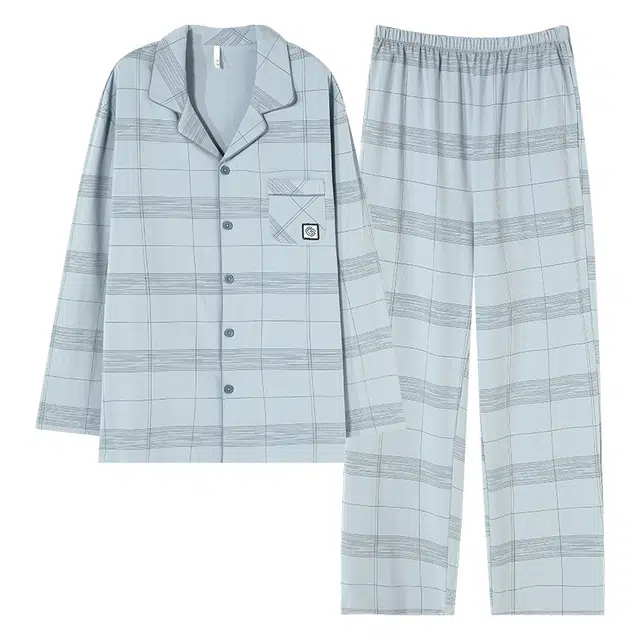 俏霓桐 春秋款简约格子时尚个性青少年舒适百搭休闲纯棉亲肤长袖长裤家居服可外穿睡衣套装 男款