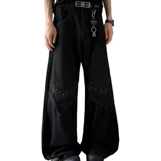 地界二 美式高街廓形潮牌小众活页设计宽松阔腿弯刀牛仔裤 男款