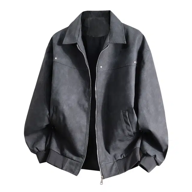 快鱼 美式复古高街翻领机车风铆钉拼接设计简约痞帅脏脏纯色宽松休闲重磅基础款皮衣 男女同款