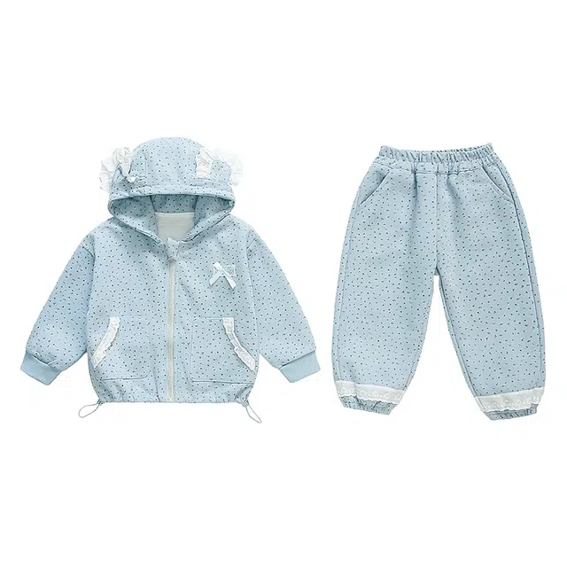 蓝彩何休闲运动套装 女童春秋款儿童洋气碎花连帽开衫外套女宝宝裤两件套