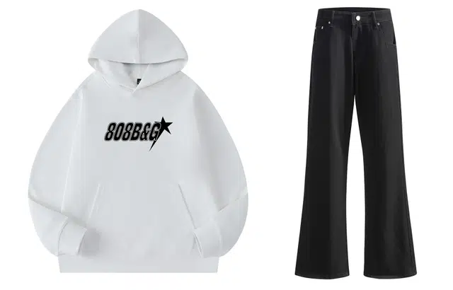 八哥 美式高街学院风品牌字母印花设计连帽纯色卫衣基础款个性时尚百搭宽松垂感废土慵懒风旧水洗弯刀阔腿裤休闲运动套装 男女同款