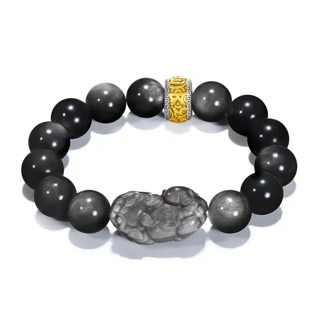 【普陀山官方已过香】 普陀山文创 国潮六字真言貔貅招财进宝八方来财财源滚滚四季发财银曜石转运珠高级感#好运 黑曜石 手串 男女同款情侣款