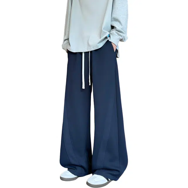 【明线拼接设计大码垂感卫裤】布客行  美式复古高街港风简约纯色基础款宽松直筒弯刀松紧系带显瘦保暖通勤百搭长裤阔腿休闲裤 男女同款