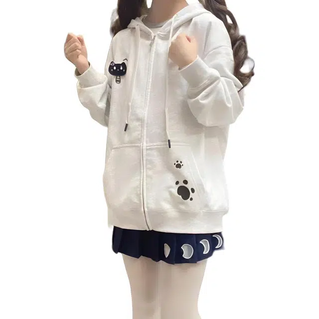 邓大喵 韩系慵懒风趣味猫咪卡通开衫女小个子超好看百搭连帽外套女猫耳朵卫衣 女款
