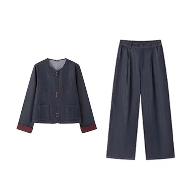潞优野 显瘦复古丹宁拼接撞色牛仔上衣裤子秋季款休闲套装 女款