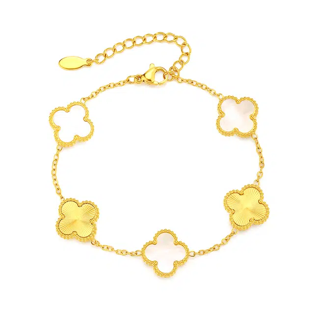 老福黄金 幸运四叶草系列 幸运相伴 幸福相随 新中式国风轻奢贵气感   璀璨闪耀 优雅气质手饰 优质母贝 手链 女款 礼盒装