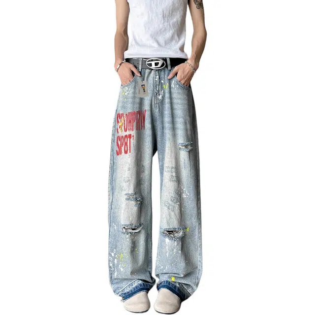 地界二 美式复古水洗泼墨印花破洞男高街宽松阔腿长裤水洗泼墨印花破洞宽松潮流中腰长裤牛仔裤 男款