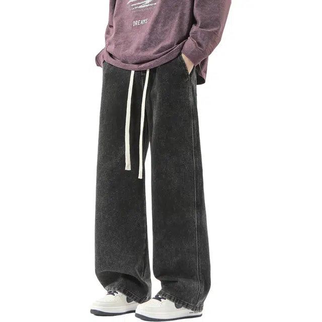 瑞梵帝斯 复古高街水洗做旧解构分割线潮流百搭通勤直筒垂感系带牛仔裤 男款