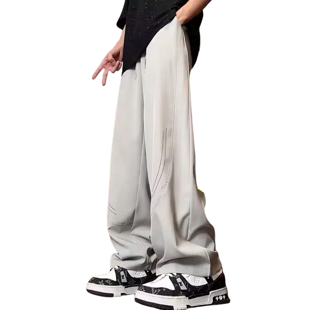 一碗士多 纯色透气网孔抽绳垂感好不贴腿显高显瘦拖地时尚美式复古炸街日常百搭潮流嘻哈设计感小众直筒裤休闲裤 男女同款