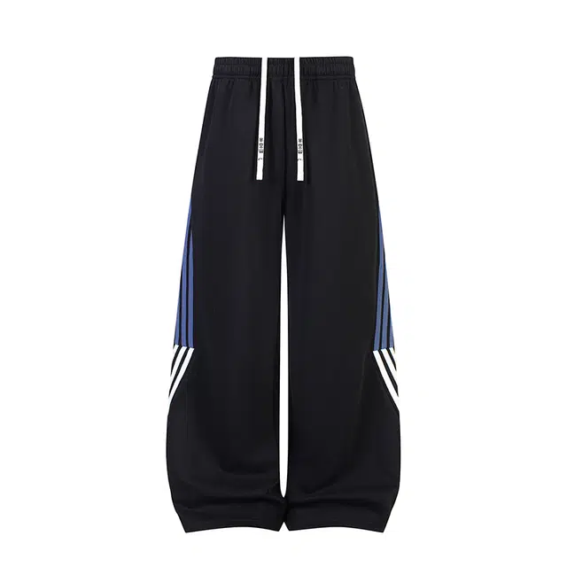 半空山 美式复古高街三条扛条纹拼接设计柔软舒适亲肤百搭宽松直筒拖地休闲针织运动裤 男女同款