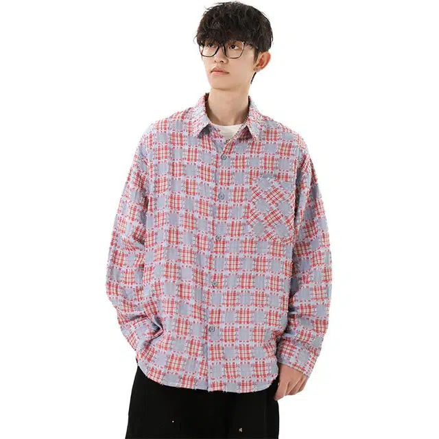冈哉 美式复古基础款长袖大格子补丁流苏设计翻领叠穿潮搭垂感痞帅宽松少年感舒适打底内搭外穿衬衫 男女同款