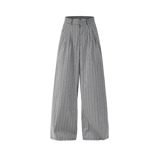 欧路得 日系潮牌格子西装裤男女秋高街垂感商务西裤复古宽松阔腿拖地裤子休闲裤 男款