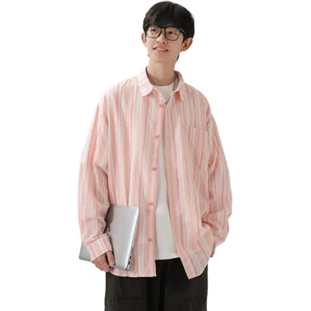 冈哉  美式复古基础款撞色竖条纹小清新简约清爽翻领叠穿潮搭垂感痞帅宽松少年感舒适打底内搭外穿秋款长袖衬衫 男女同款