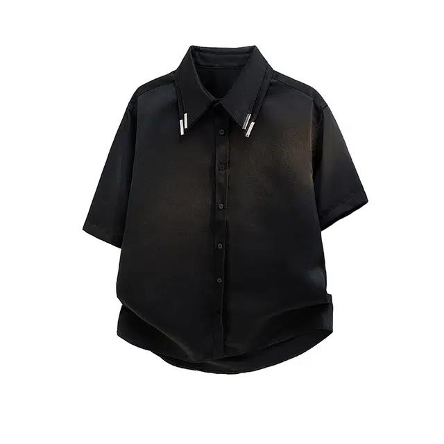 艾梵斯贝 美式复古潮流双层西装领小众设计款无性别高级感金属装饰开衫外套潮酷日常通勤百搭文艺风高街韩版短袖衬衫 男女同款