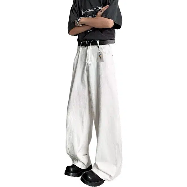 地界二 美式男夏季白色潮牌阔腿长裤复古青少年运动拖地裤子白色阔腿复古宽松潮流中低腰长裤牛仔裤 男款