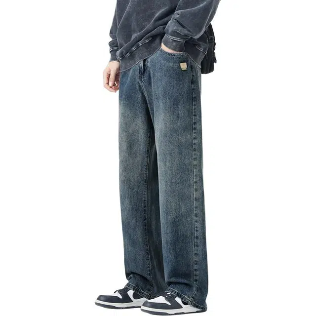 潮人榜 秋季美式高街复古水洗宽松直筒长裤子潮牌百搭显高显瘦通勤户外休闲潮流阔腿牛仔裤 男女同款
