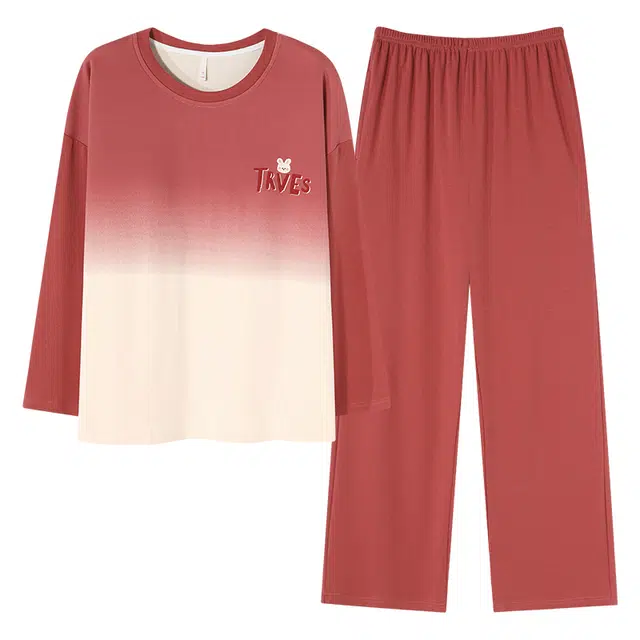 俏霓桐 春秋款时尚百搭渐变色简约休闲甜美纯棉亲肤带胸垫长袖长裤家居服可外穿睡衣套装 女款