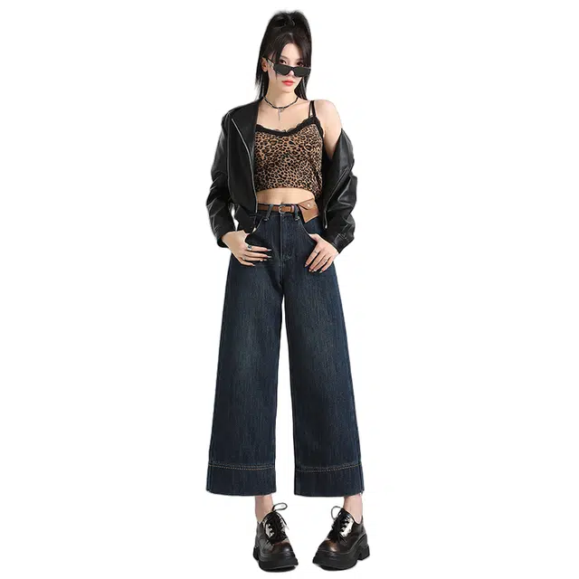 玫丝朵 高腰适中阔腿宽松牛仔裤 女款